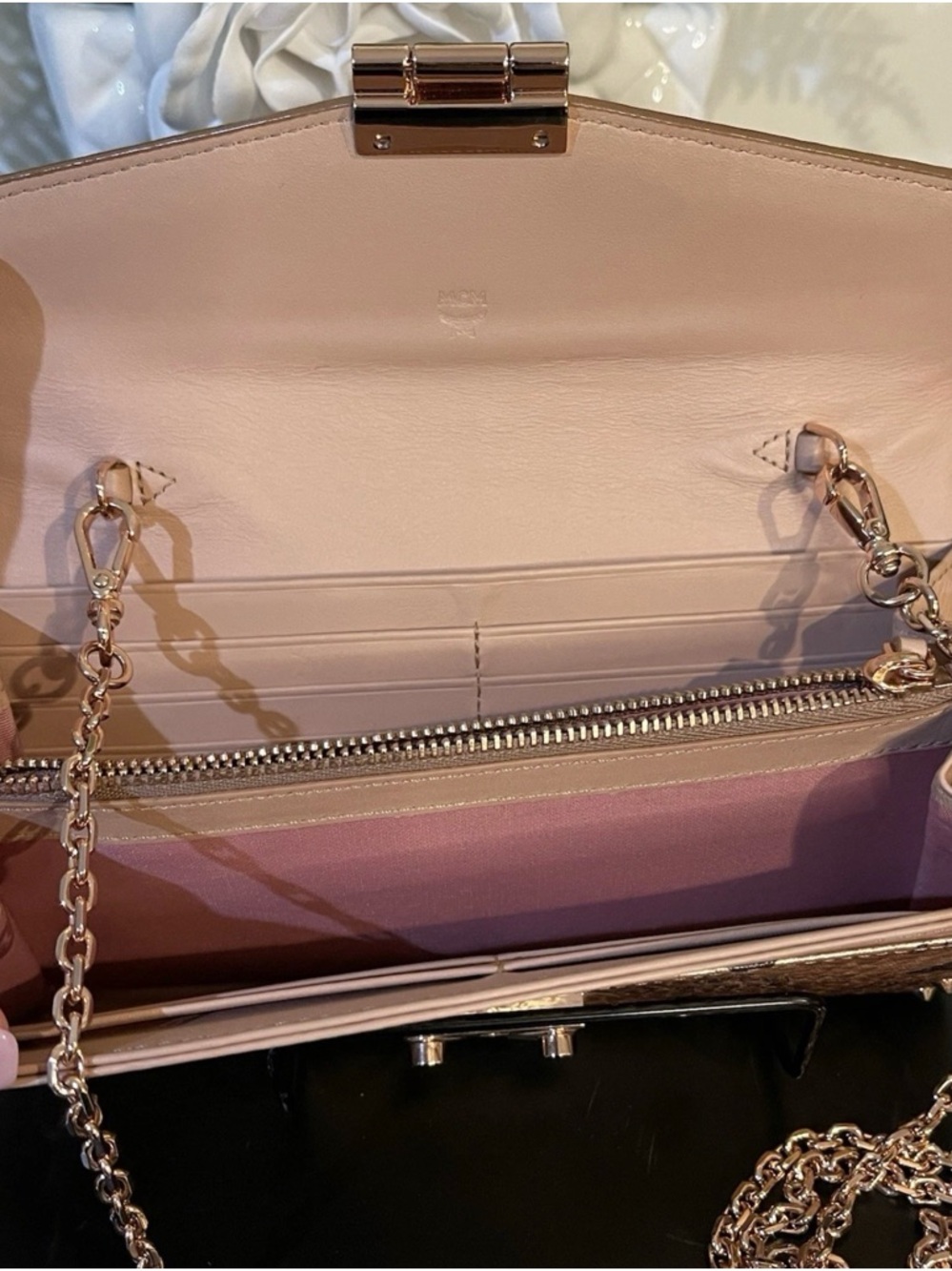 MCM Metallic Rose Gold Visetos Studded Crossbody w Silver Chain - Picture 5 of 8